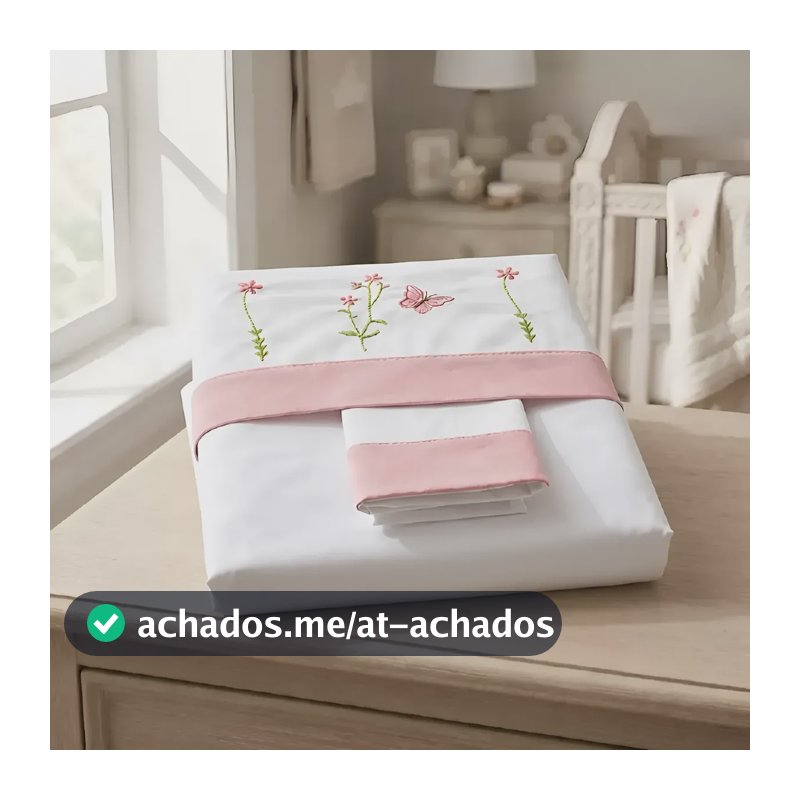 Lençol De Berço Americano Em Algodão Bordado Flores Menina Branco