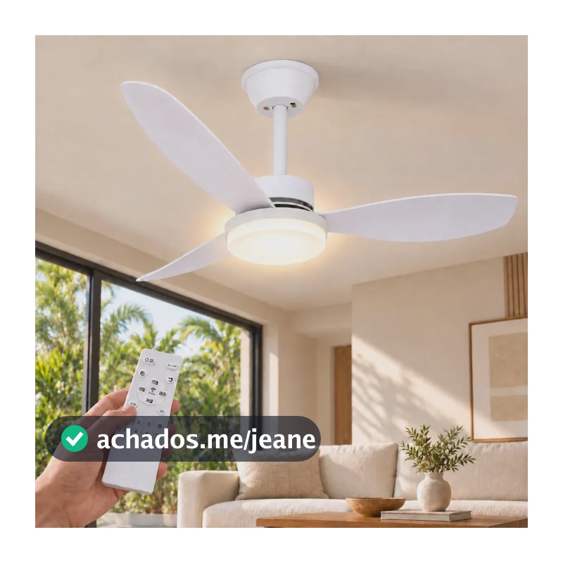 Ventilador de Teto Branco com Luz LED e Controle Remoto, Bivolt, 3 Pás, 6 Velocidades, 3 Temperaturas de Luz, Brilho Ajustável e Temporizador, Motor DC Reversível para Sala, Quarto e Cozinha, Tieesa