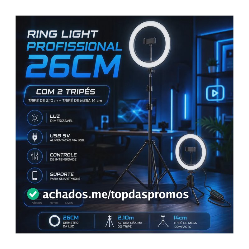 Ring Light Iluminador Led Profissional 26cm Tripé 2,10m Luz Branco Frio Quente Neutro