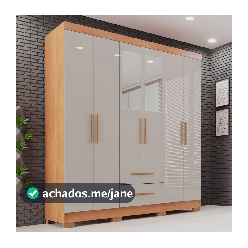 Guarda-roupa Casal com Espelho 6 Portas 2 Gavetas Sallêto Cinamomo/Off White