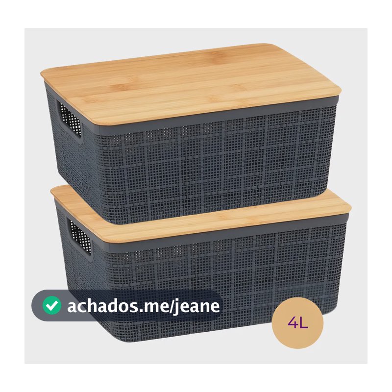 Kit 2 Caixas 4 L Oikos Multiuso Organizadora Tampa De Bambu Cor Cinza