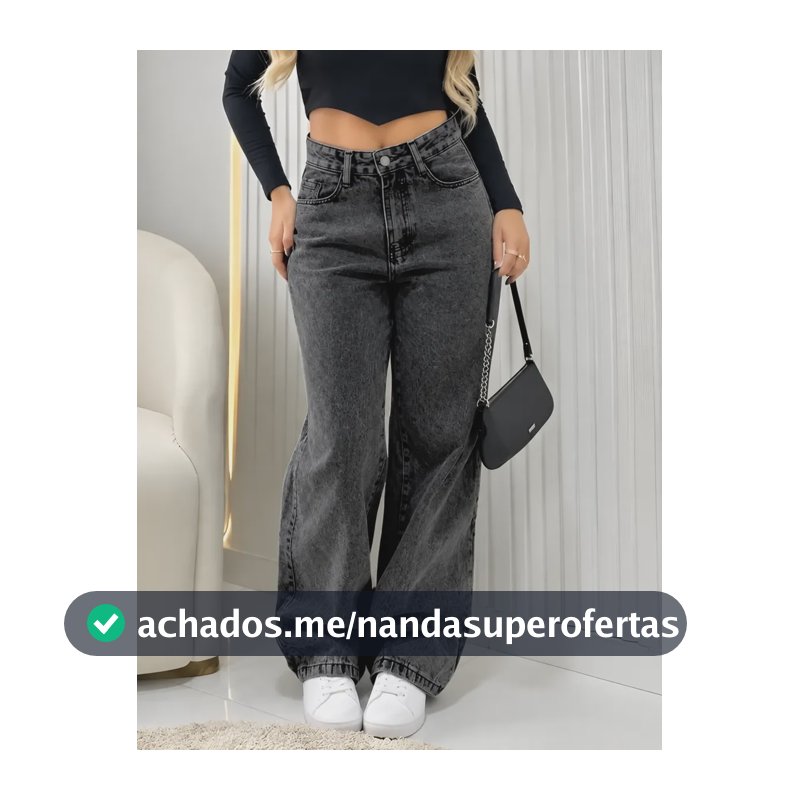 Calça Jeans Wide Leg Feminina Cintura Alta Pantalona Preto Black Marmo Liso 40