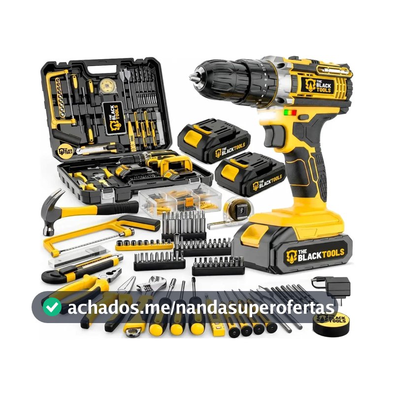 Parafusadeira Furadeira De Impacto The Black Tools Com Maleta + Kit Acessórios 147 Peças 2 Baterias Profissional Tbkit17