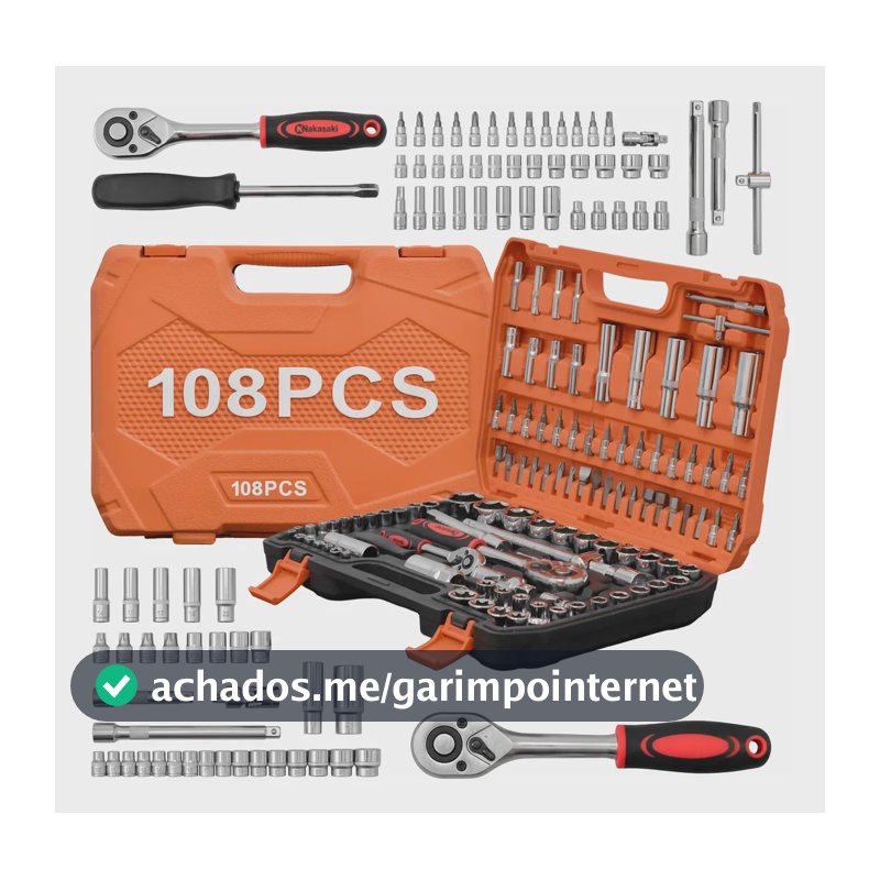 Kit Soquetes 108 Peças Aço Crv Catraca 1/2 E 1/4 Com Maleta Laranja