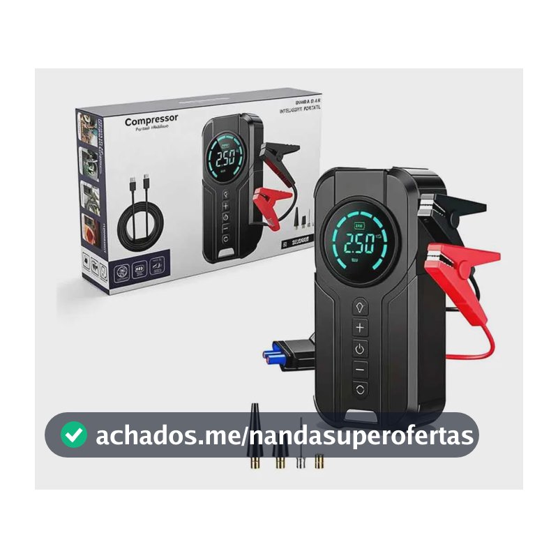 Compressor De Ar Portátil Auxiliar Partida Digital 4 Em 1 Preto 127/220v