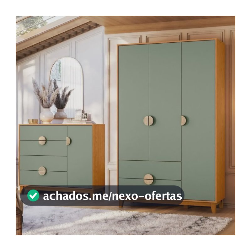 Conjunto De Quarto Com Guarda-roupa E Cômoda Ipê Cinamomo Sálvia