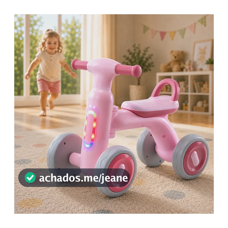 Bicicleta De Equilíbrio Infantil S Pedal 4 Rodas Bebê Luzes Rosa