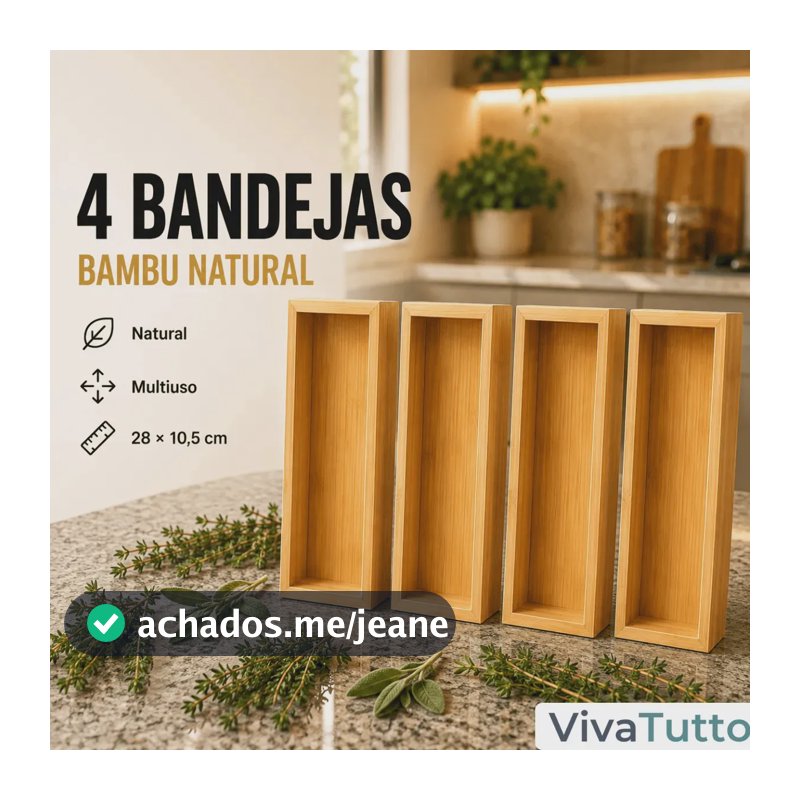 Kit 4 Bandejas Retangular Funda 28cm Conjunto em Bambu Para Decoração Organização Jogo de Gavetas VIVATUTTO