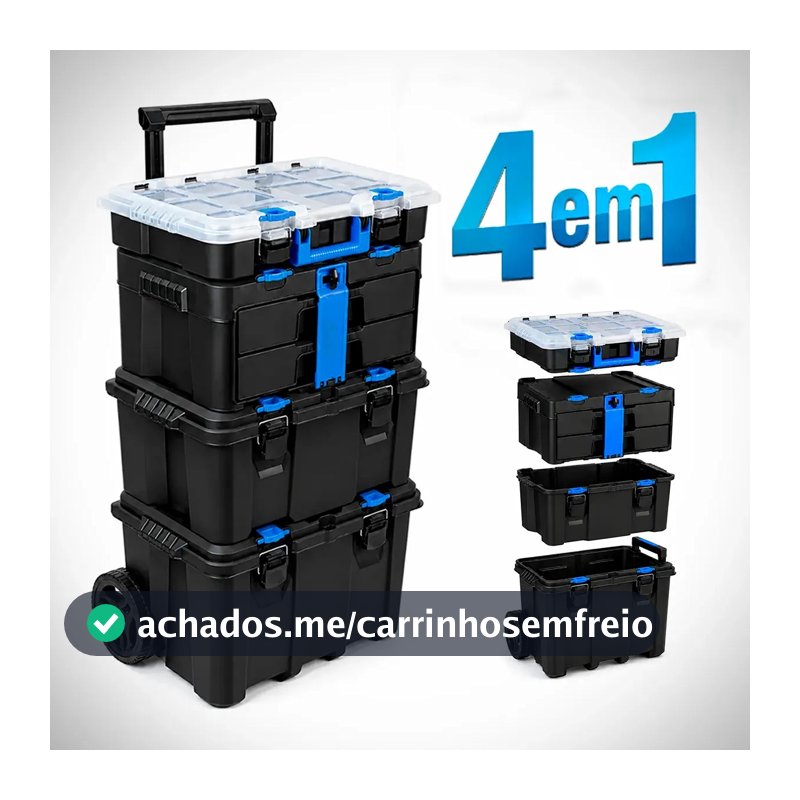 Caixa De Ferramenta Modular 4 Em 1 Com Rodas e Alça Retratil Maleta Profissional Carrinho Organizador de Ferramentas Torre Para Armazenamento