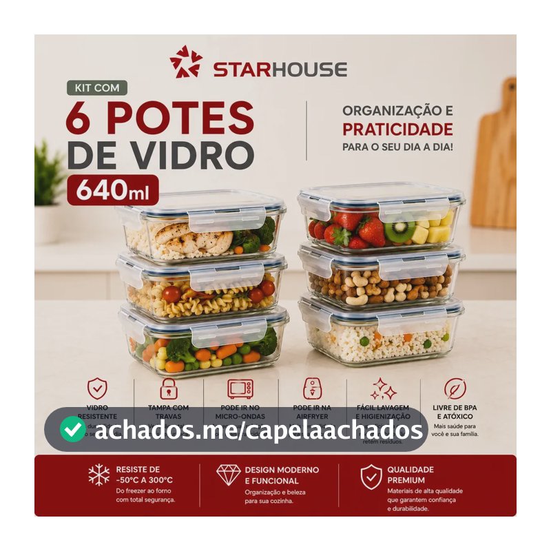 Kit 6 Potes 640ml Vidro Hermético 4 Travas Marmita Refratario Star House com 4 travas de super vedação