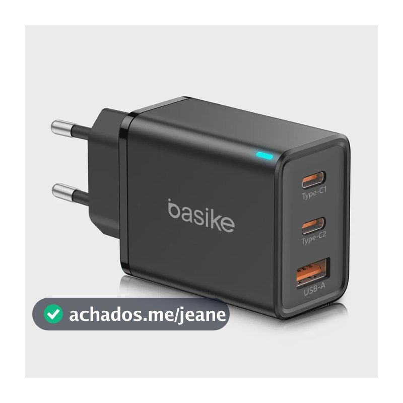 Carregador Basike 65W com 2 Portas USB-C e 1 USB-A Preto
