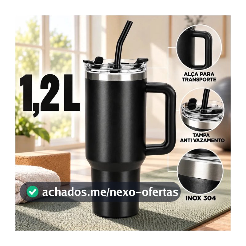 Copo Térmico Caneca Garrafa 1,2L 1200ml Inox Com Alça Tampa Anti-vazamento Canudo Inox Parede Dupla Quente Fria Carro Academia Viagem Sólar