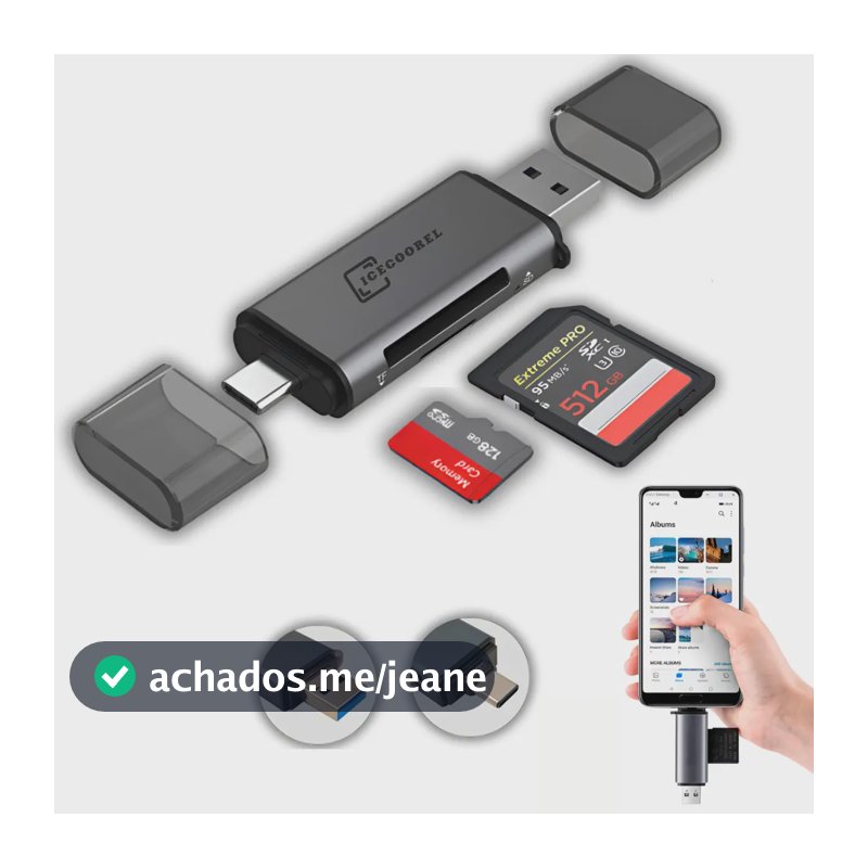 Leitor De Cartão De Memória Sd E Micro Sd Para Usb-c E Usb-a Adaptador Compatível Com iPhone 15 16 17 Android Samsung Notebook Macbook Alta Velocidade Rápida De Fotos Vídeos E Arquivos Ice Coorel