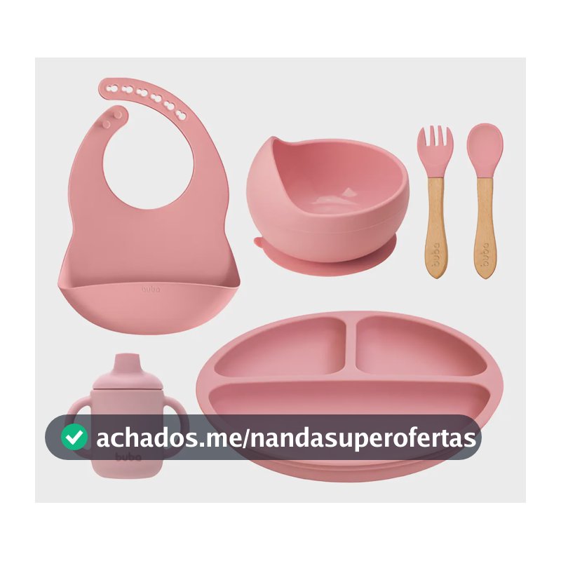 Kit Refeição Babador + Copo + Prato + Bowl + Talheres Buba Rosa