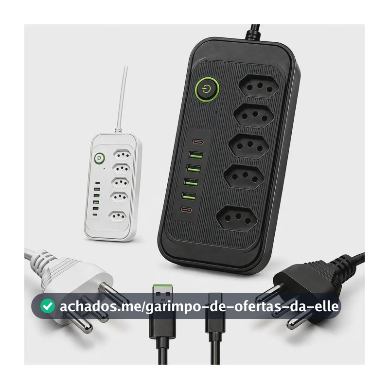 Extensão Elétrica 5 Tomadas 6 Usb 2500w Régua Bivolt Cabo 2m Preto-5tomadas/4usb-a/2usb-c 127/220v