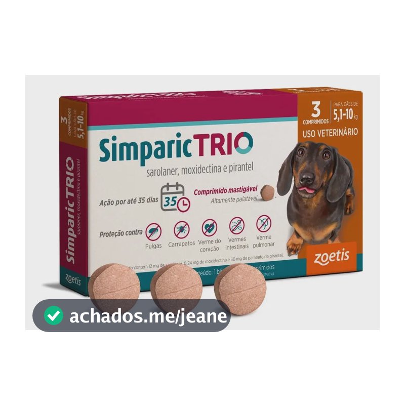 Simparic Trio 12mg 5,1 A 10kg 3 Cp Antipulgas E Vermifugo Marrom-claro