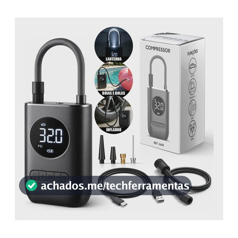 Mini Compressor de Ar Digital Portátil Recarregável USB-C Lumi para Pneus de Carro, Moto e Bicicleta Inflador Elétrico de Bolas e Infláveis Display LCD Alta Pressão Sem Fio Preto
