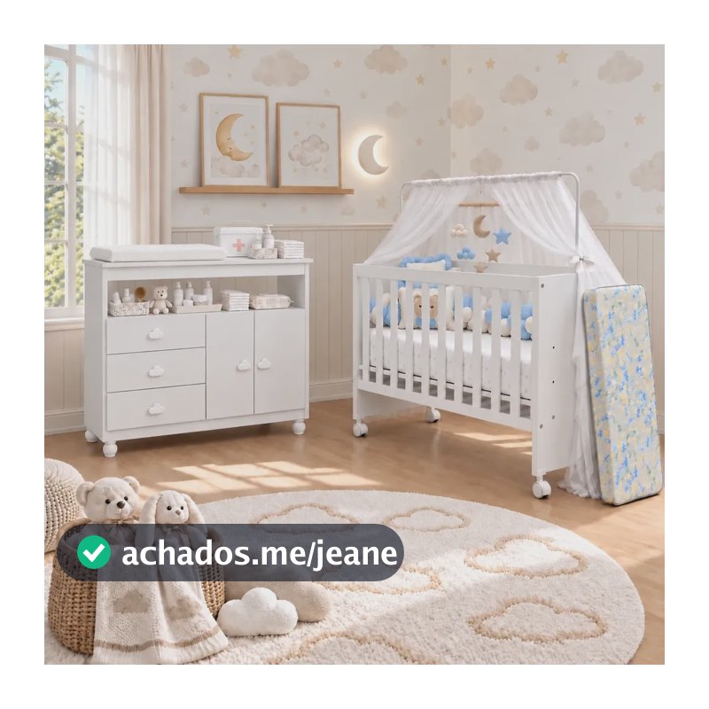 Kit Quarto Bebê Berço Americano Doce Sonho Com Colchão + Cômoda Trocador Fraldário Puxadores Nuvem Branco