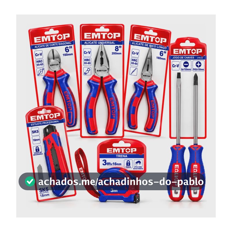 Kit 6 Ferramentas Emtop Alicates Chaves Estilete Trena Azul E Vermelho