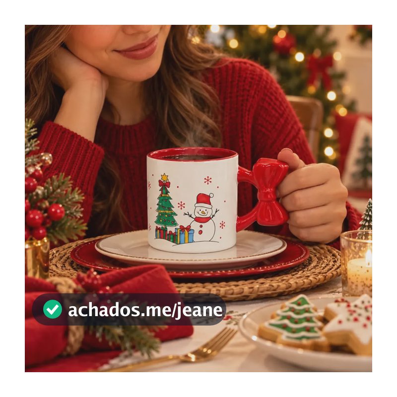Caneca Natalina De Cerâmica Com Alça Laço 300ml 9,5cm Branco Natalina