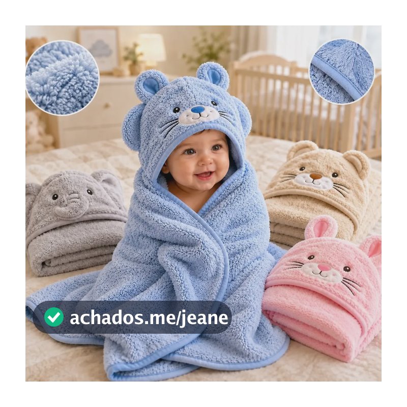 Toalha De Bebe Capuz Felpuda Infantil Roupão Macia Pós Banho Azul-aço