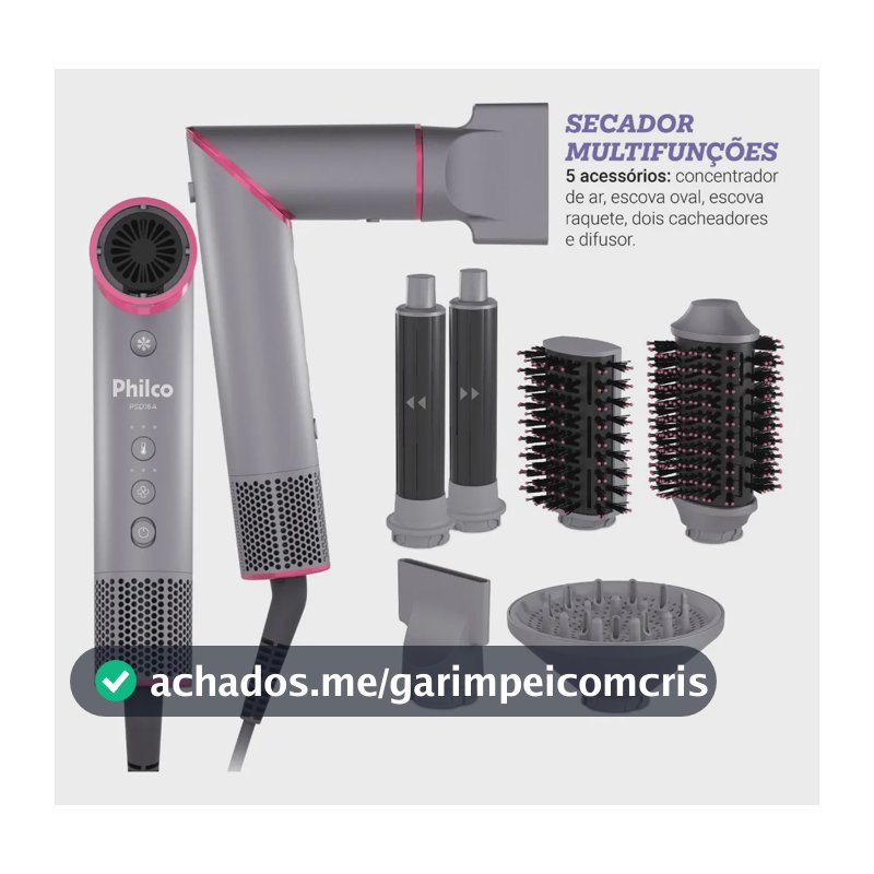 Secador de Cabelos Philco Motor BLDC 6 acessórios Fast Dry 1450W PSD16A 127v