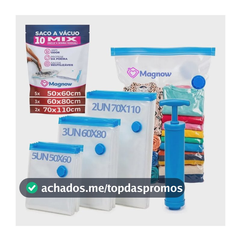 Magnow Pack Kit 10 Sacos a Vácuo com Bomba Manual, Tamanhos 50x60, 60x80 e 70x110, para Viagem, Mala, Guarda-Roupa, Edredom e Casaco