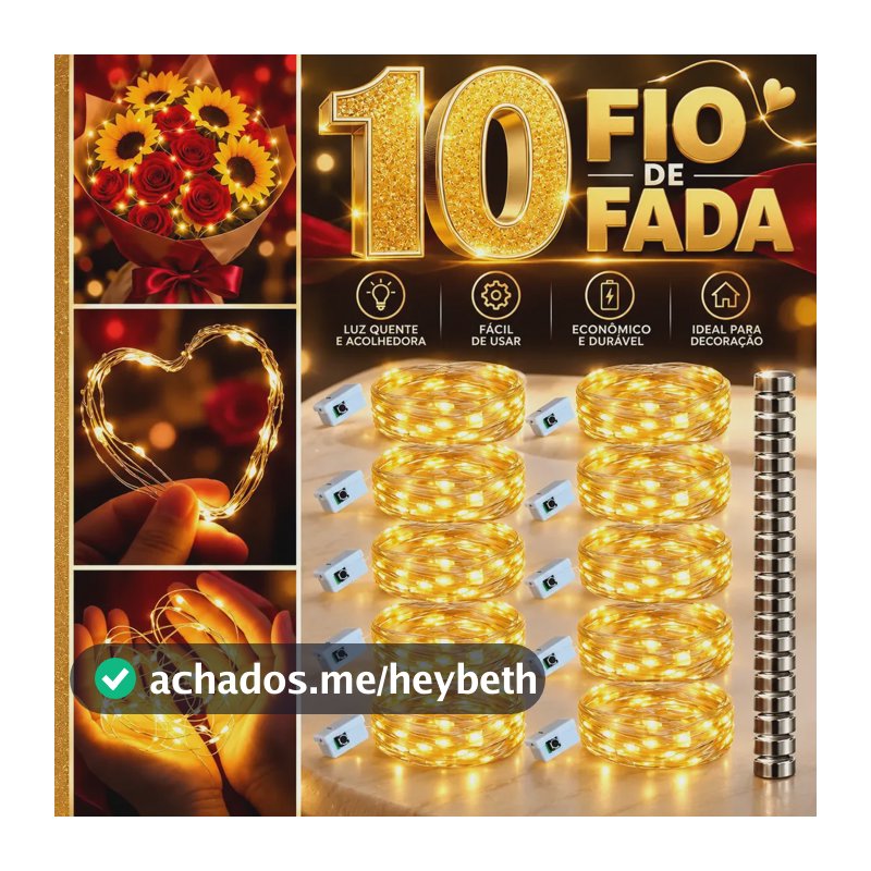 Kit 10 Fio De Fada Cordão De Led 2 Metro E 20 Leds Cada Luz Amarelo Pisca Pisca Natal Pilhas Inclusa Decoração Marca Kururuá