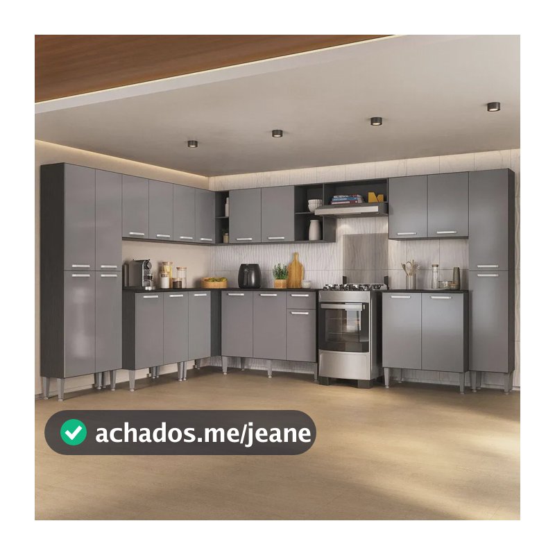 Armário Cozinha Modulada Completa de Canto 534cm Pequim Pop Multimóveis MP3771 Preto/Lacca Fumê