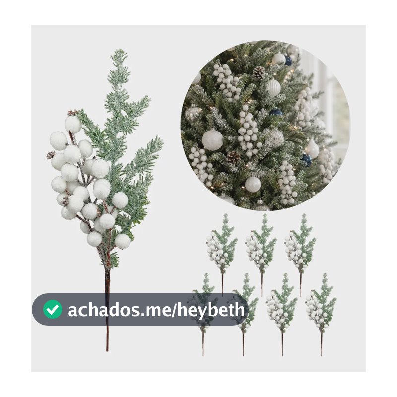 Kit 8 Pick Natalino Galhos Azevinho Pinha Enfeite Decoração Azevinho Branco Flocado 35cm