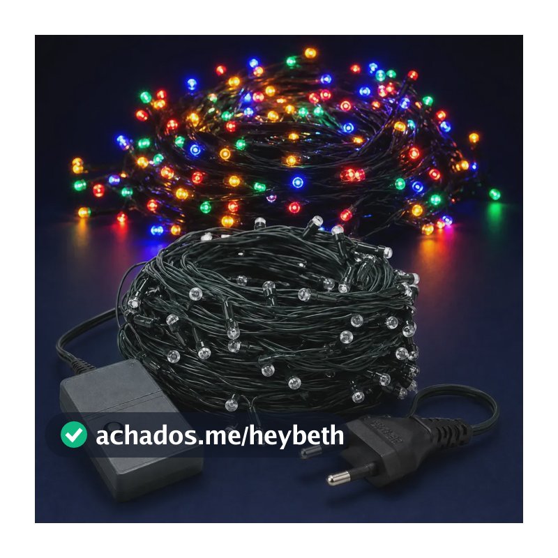 Cordão 200 Leds Pisca 20 Metros 8 Funções V8 Natal Fio Verde Colorido 127v