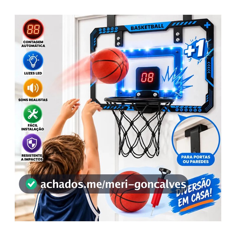 MoveBrinca Mini Tabela de Basquete Infantil Eletrônica MoveBrinca com Placar LED Som Automático Cesta Rede Bola Inflador Acessórios Brinquedo de Basquete para Crianças +3 Anos