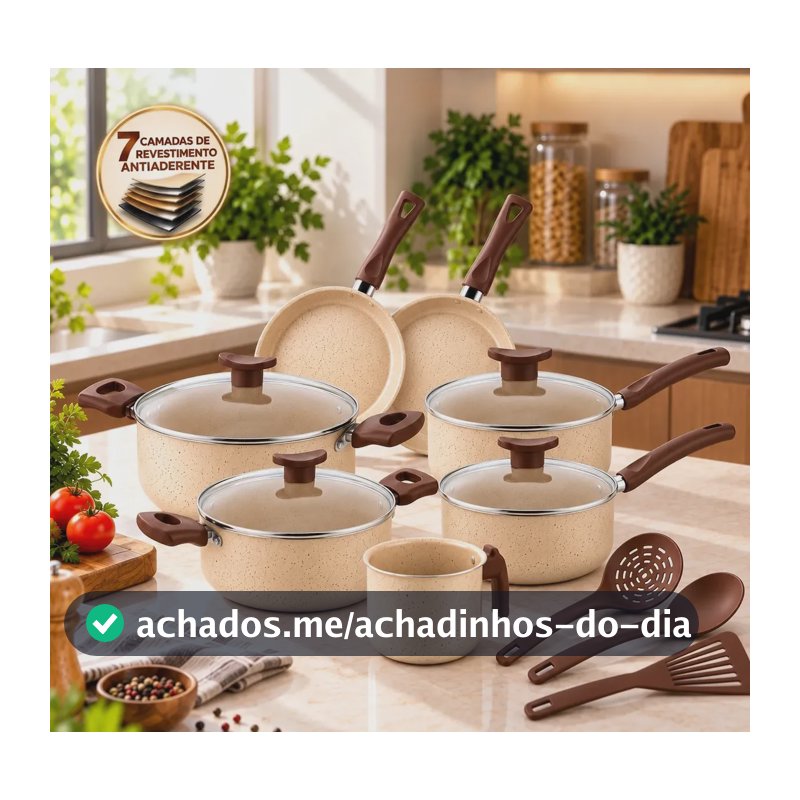 Jogo de Panelas Antiaderente 7 Camadas 10 Peças Kit Cozinha Casa Nova com Tampas de Vidro Caçarolas Frigideiras Retas Fundas Fervedor Leiteira e Utensílios Conjunto Compacto Dia a Dia Baunilha