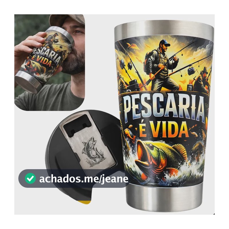 Copo Térmico Inox Pescador Pescaria Cerveja Gelada Premium Preto Pescaria É Vida