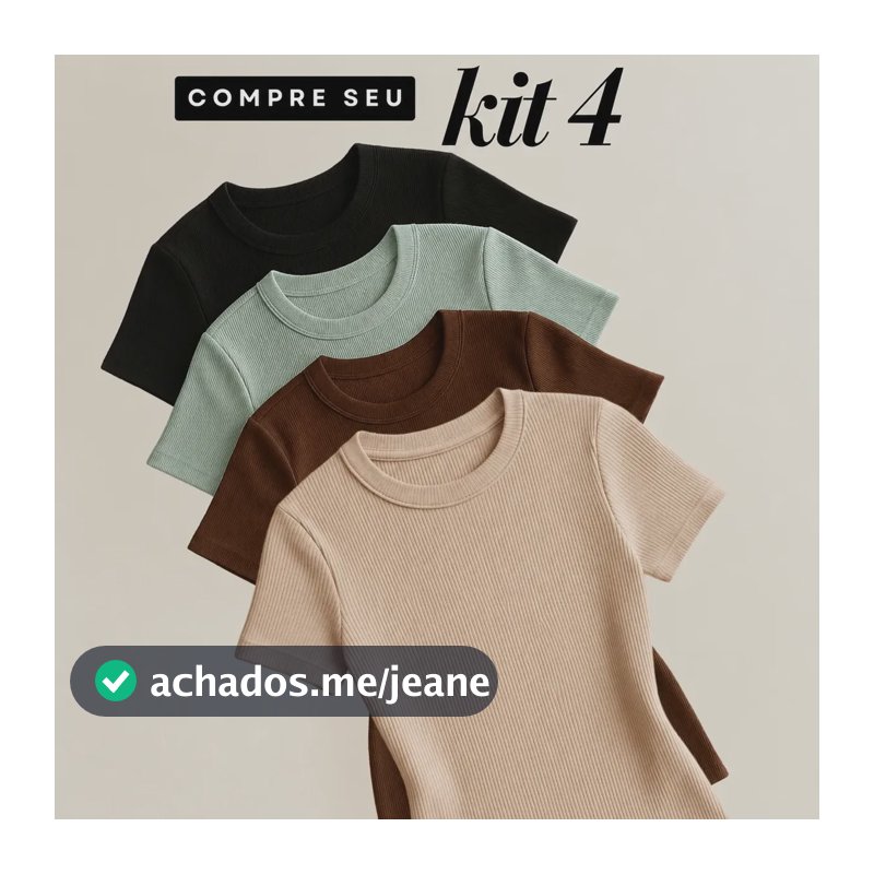 Kit 4 Blusas Femininas Caneladas Ribana Manga Curta Básica Preto Verde Marrom E Nude Liso M/g (36/42)
