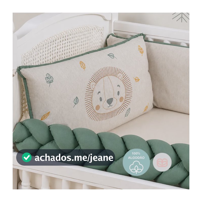 Kit Berço Americano Linho Padrão Luxo Completo Menino Leon Linho Com Verde Esmeralda