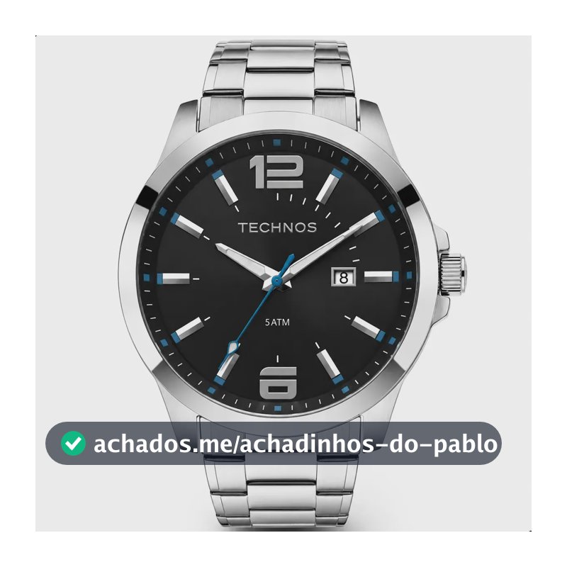 Relógio Technos Masculino 2115GU/1A 45 Milímetros Aço Inoxidável com Fundo Preto e Azul Prova D´Agua 50m