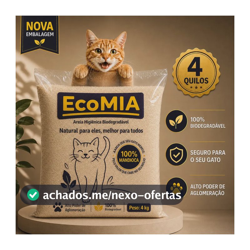 Areia Higienica Sanitaria Para gatos 4kg Biodegradavel EcoMia 100% Natural Sustentavel Sem Levantar Poeira Zero Odor Graos Finos Torroes Firmes Feita de Mandioca
