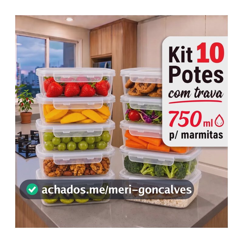 Kit 10 Potes 750ml com Tampa Trava Plástico Transparente para Mantimentos e Alimentos Marmita Organizador de Cozinha Geladeira e Freezer Jogo de Potes para Organização Ponte Lar Utilidades