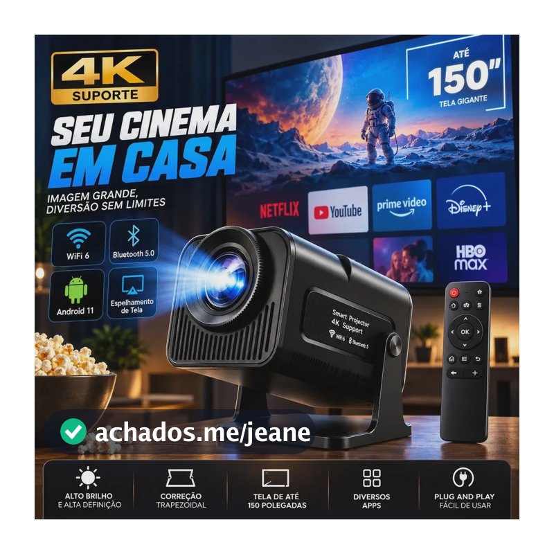 Mini Projetor VLX Hy320 Smart TV Android com Wi-Fi, Bluetooth e 4K UHD