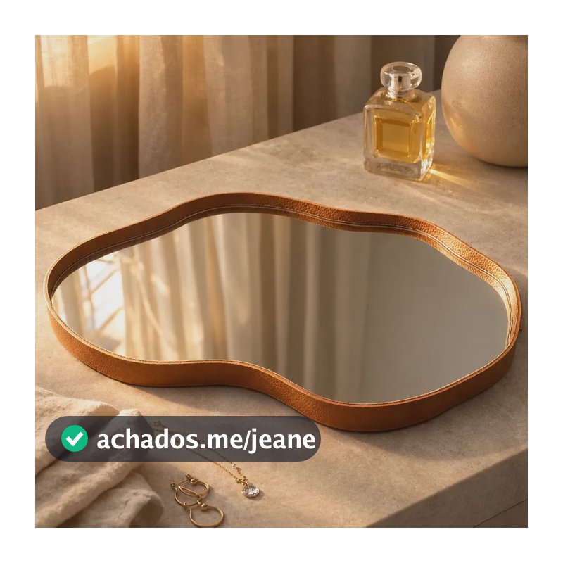 Bandeja Espelhada Decorativa Orgânica Borda Couro Ecológico Caramelo