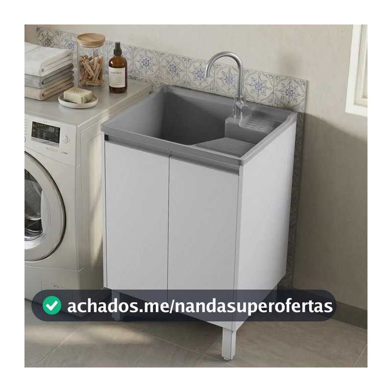 Tanque De Lavar Roupa Plástico 30l | Com Esfregadeira Lateral | Gabinete Mdf Branco Entregue Montado| Kit Com Válvula E Sifão | Armário Com Tanque Cinza Para Área De Serviço| Ejv Shoop