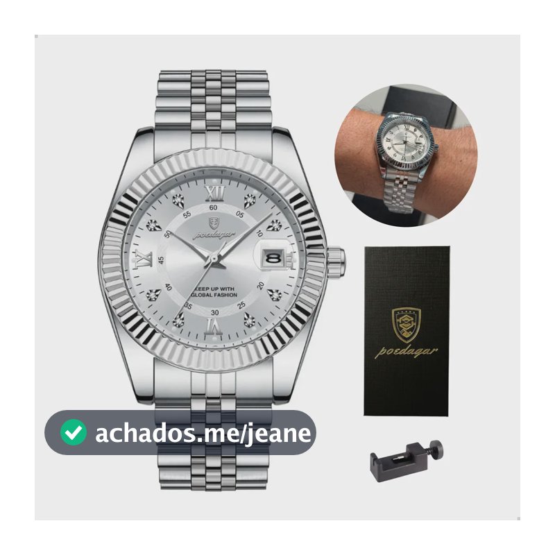 Relógio Poedagar Masculino Social De Luxo Caixa E Ajustador Prateado Branco