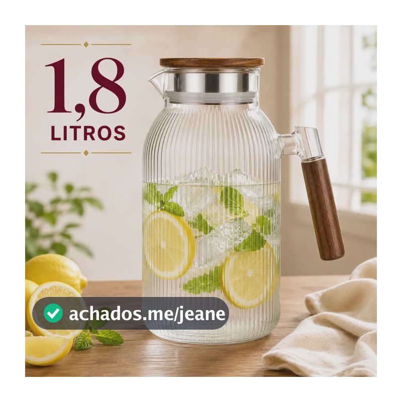 Jarra Vidro Borossilicato 1,8 Litros Tampa Inox Hermética Agua Suco Transparente Cabo de Madeira