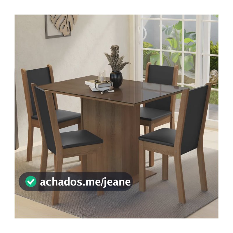 Conjunto Sala Jantar Mesa Tampo Vidro 4 Cadei Martina Madesa Cor Rustic/Preto Desenho do tecido das cadeiras Liso