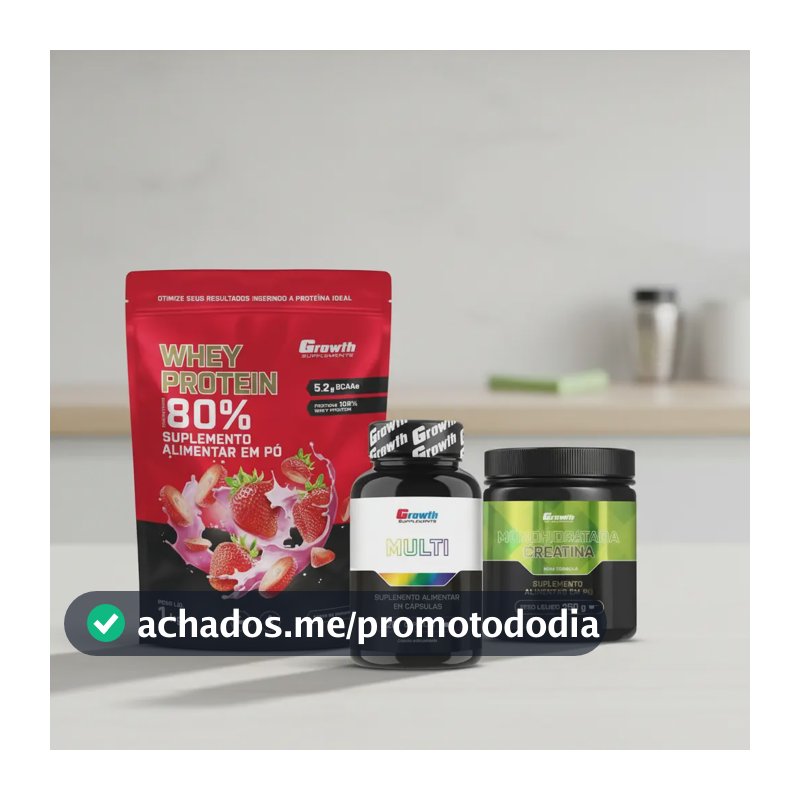 Kit Growth: Whey Protein Morango 1kg + Multivitamínico 120 Cáps + Creatina Monohidratada 250g