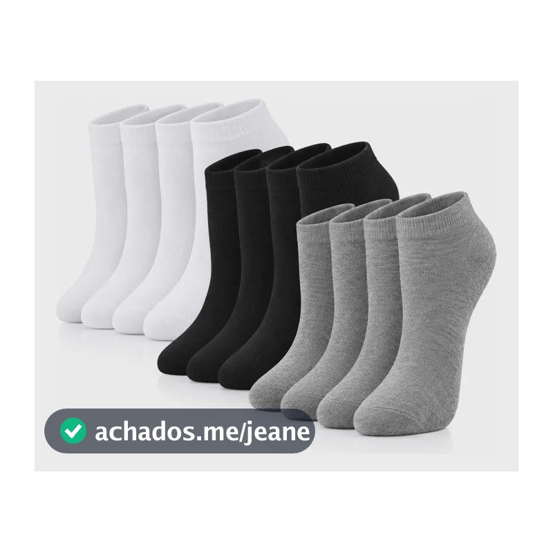 Kit 12 Pares Meia Cano Curto Esporte Casual Promoção Atacado 4 Brancas - 4 Pretas - 4 Cinzas Lisa 40-46