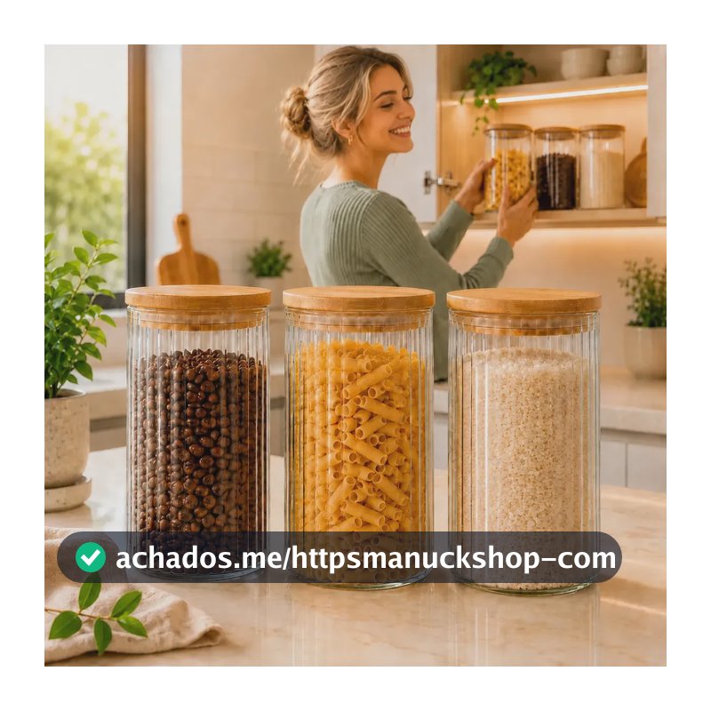 Potes Herméticos De Vidro Com Tampa De Bambu Premium Kit 3 Peças De 1 L Pote De Mantimentos Cozinha Organizada Canelado Serrilhado Jra Mix