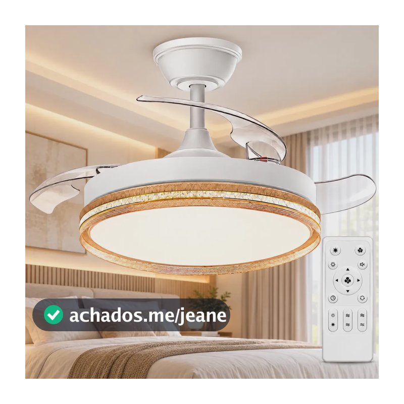 Ventilador de Teto Dourado 42" Com Pás Retráteis, Luz LED e Controle Remoto