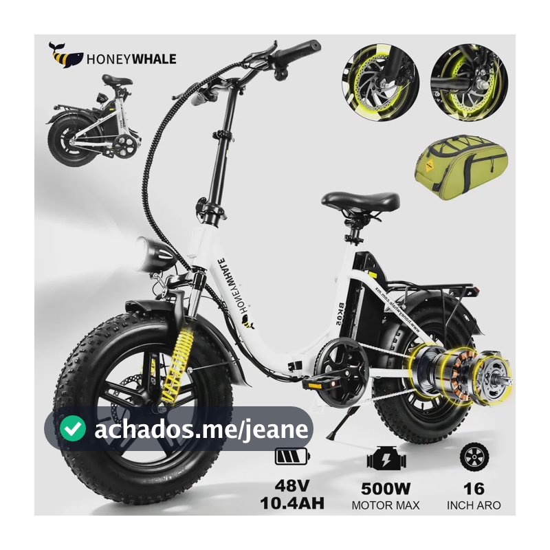 Honeywhale Bk05 Bicicleta Elétrica Adulto, 500w-40km-38km/h-130kg, Motor-autonomia-velocidade-carge-ebike, 10,4 Ah Bateria, 5 Modos De Velocidade, Honey Whale Bike Dobrável Com Bolsa, 16 Aro, Branco